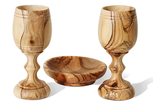 🔥 Hot Deals Communion Cups - The Lord's Supper - Olive Wood Bread Tray with Two Olive Wood Cups in Gift Bag
