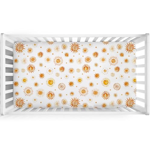 Image of Watercolor Suns Totem Baby Crib Sheets 52''x28'' Boho Sunshine Stretchy Fitted Crib Mattress Covers for Boy Girl Golden Suns Soft Nursery Baby Bed Sheets for Standard Crib and Toddler Mattress