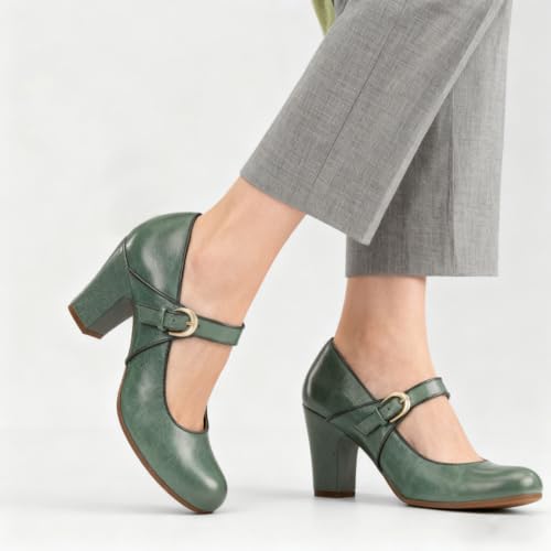 Image of SHODENSE Women Vintage Chunky High Heel Mary Jane Shoes Round Closed Toe Ankle Strap Dress Sandals 3 inch Block Heels Mary Jane Lolita Pumps Two-Toned Patchwork Buckle Office Lady Wedding Retro 4-11 M US