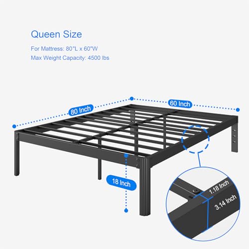 COMASACH 18-Inch Queen-Size Bed-Frame with Round Corner Leg, No Box Spring Needed, Heavy-Duty Non Slip Metal Platform Bed Frame, Noise Free Mattress-Foundation Support to 4000 Lbs, Black