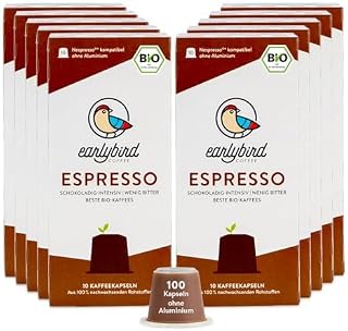 earlybird coffee – Bio Espresso Kaffeekapseln 100 Stück Vorratspack – kompatibel mit Nespresso, intensiv-schokoladig, heimkompostierbar – aluminiumfreie Bio Kapseln