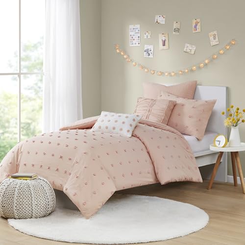Intelligent Design Cotton Comforter Set - Jacquard Tufts Pompom Design All Season Bedding, Matching Shams, Decorative Pillows, Twin/Twin XL (68 in x 92 in), Pink 5 Piece by Intelligent Design - Image 2