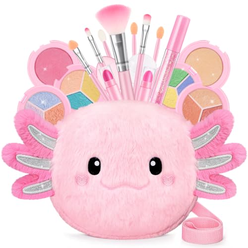 18Pcs Kids Real Makeup Kit for Girls Age 3-10 wih Fluffy Purse Axolotls