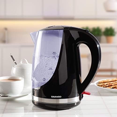 Daewoo 1.7L, 2200W Fast Boil Cordless Jug Kettle, Colour Changing Indicator Lights, Lightweight With Auto Switch Off, External Water Level Indicator and Removable Easy Clean Filter-Black