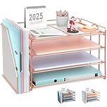 Desk Organiser with File Holder, 4-Tier Desktop Organiser Paper Tray, Mesh Office Desk Accessories with Magazine Holder, Desk Tidy for Home Office Supplies (Rose Gold)