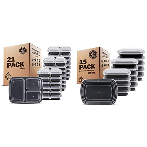 Freshware Meal Prep Containers [21 Pack] 3 Compartment (24 oz) & Meal Prep Containers [15 Pack] 1 Compartment Food Storage Containers with Lids, Bento Box, BPA Free, Stackable (28 oz)