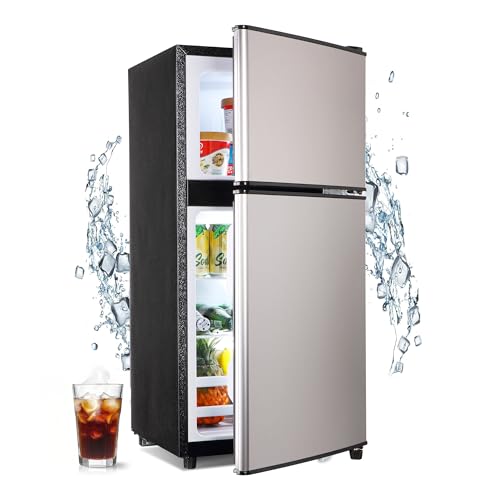 Mini Fridge with Freezer 3.2 Cu. Ft. Small Refrigerator with Freezer, 2 Door Dorm Fridge with Adjustable Thermostat & Shelves, Small Fridge for Apartment, College Dorm, Office, RV, Home, Silver