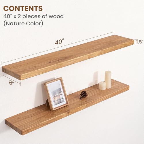 Image of Floating Shelves for Wall, 40 inchWx8 inchD Rustic Solid Elm Wood Floating Shelves Wall Mounted, Round Edge Wall Shelves with Invisible Bracket for Living Room Bathroom Bedroom Kitchen, Set of 2, Natural