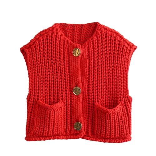 Image of Women's Sleeveless Chunky Knit Cardigan V-Neck Button Down Vest Casual Loose-Fitted Crochet Sweater with Pockets 2024