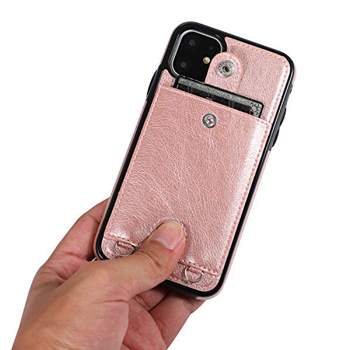 Jaorty Pu Leather Wallet Case For Iphone 11 Necklace Lanyard Case Cover With Card Holder Adjustable Detachable Anti-Lost Neck Strap For Apple Iphone 11 6.1",Pink #TOP3