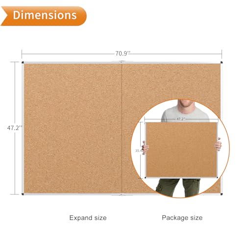 VIZ-PRO 72" x 48" Large Cork Bulletin Board, Foldable & Wall-Mounted Notice Pin Board with Silver Aluminum Frame, for School Home Office - 6' x 4' Corkboard