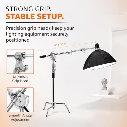 Image of Amazon Basics Heavy Duty Light Boom C-Stand with 3.5ft Holding Arm & Grip Head, Multi Angle Adjustment, Spring Loaded Aluminium Rod, for Flashlights, Reflectors, Softboxes & Umbrellas