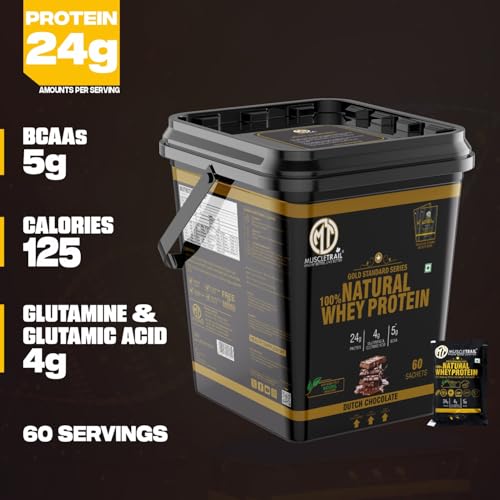 Image of MuscleTrail Gold St&ard Series,60 Pouches,Low Carb & Fat,24 grams Natural Whey Protein Powder,Shaker Inside (1.86Kg,Kulfi Pista)