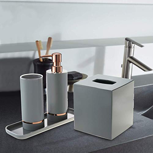 Decozen Bathroom Accessories Set in Grey Bright Rose Gold Strip Accent Cylindrical Tumbler Lotion Dispenser Square Tray Tissue Box Bathroom Decor Accessory Set of 4pcs - Thumbnail 6