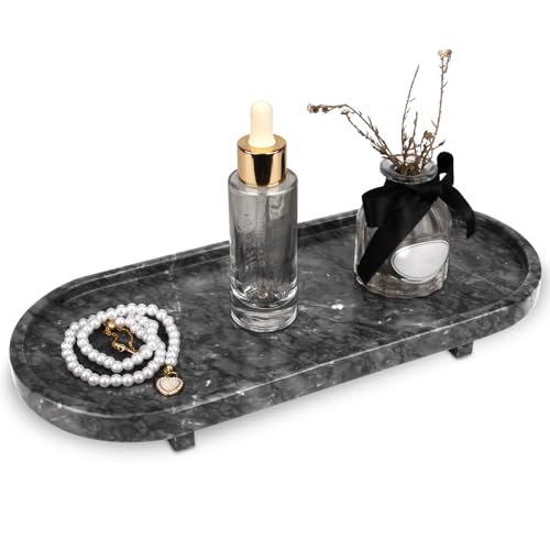 HESHIBI Marble Oval Bathroom Vanity Tray with Leg Natural Stone Small Decorative Tray Soap Dispenser Dresser Top Perfume Home Kitchen Toilet Tray for Soap Bottles Key Trinket Ring (Black Grey)