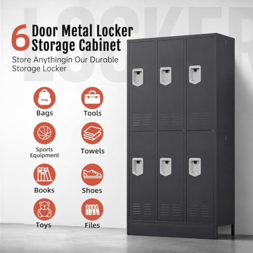 Image of BUTISOW 6 Door Metal Storage Locker for Employees, Heavy Duty Steel School | Locker with Lift Up Handle & Recessed Hasp, Gym Office Lockers with Adjustable Shelves & Hooks, 72 inchH x 35.4 inchW x 15.75 inchD, Grey