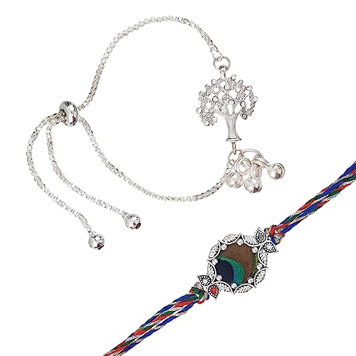 Image of eCraftIndia Set of 2 Colorful Peacock Feather and Tree Design Bracelet Silver Rakhi for Brother and Bhabhi with Best Bro Ever Fridge Magnet and Roli Chawal Pack
