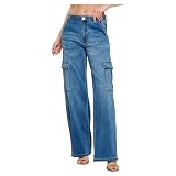 High Rise Super Stretchy Straight Wide Leg Cargo Jeans for Women Multiple Colors Denim Pants for Casual Daily Wear (US, Alpha, Large, Regular, Regular, Medium Blue)