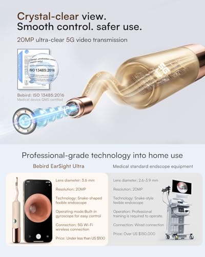 Image of Bebird Earsight Ultra 2K Ear Wax Removal Tool Camera,Pain-Free Ear Cleaner with HD Otoscope,Visual Ear Pick Tweezers, Safe Silicone Tips,Ear Cleaning Kit for Family, FSA HSA Eligible (Champagne Gold)