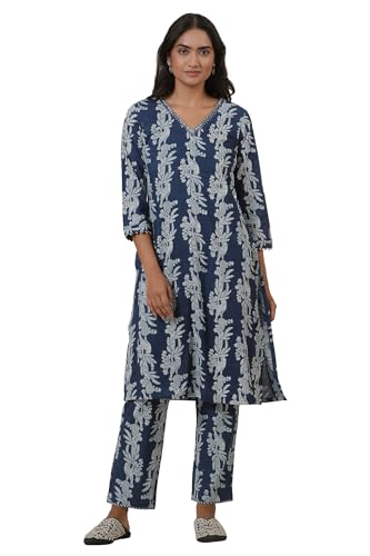 Image of W for Woman Folksong Blue Animal Print Cotton Straight Kurta