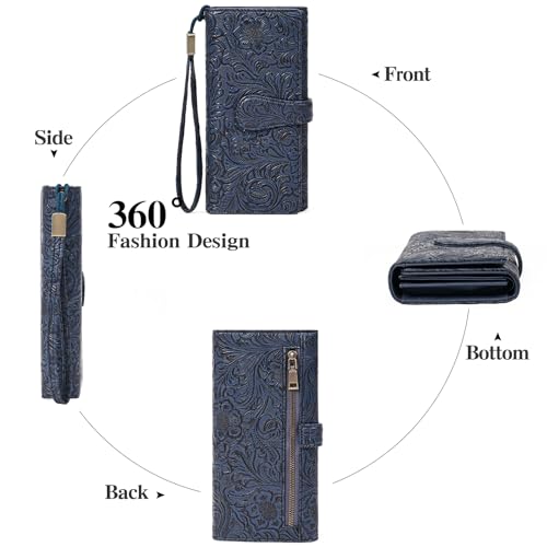 Image of Wristlet Wallet for Women Leather Clutch Purse Trifold Card Holder RFID Blocking Large Capacity Blue