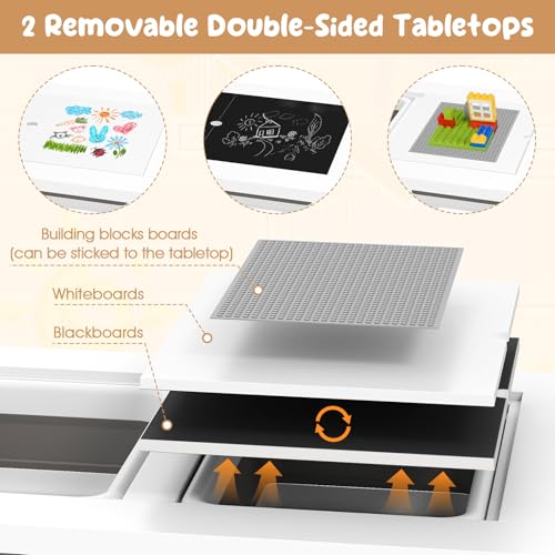 Image of Costzon Kids Table and Chair, 6 in 1 Sensory Desk Set w /Storage Bins, White & Black Board, Building Blocks and Paper Roll for Drawing & Sand Water Playing, Toddler Table and Chair Set (White)