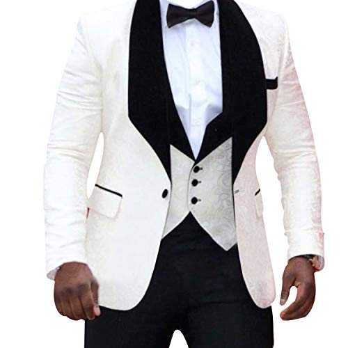 HBDesign Mens 3 Piece 1 Button Black Shawl Lapel Ivory White Pattern Suits2