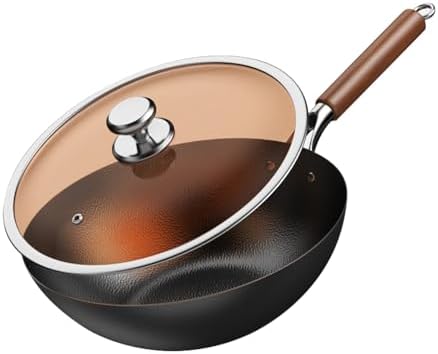 Titanium Hammered Wok with Lid, Pre-Seasoned Cast Iron Nonstick Stir-Fry Pan, Flat Bottom Wok, Scratch-Resistant Non Stick Titanium Pans for Cooking,11.81IN