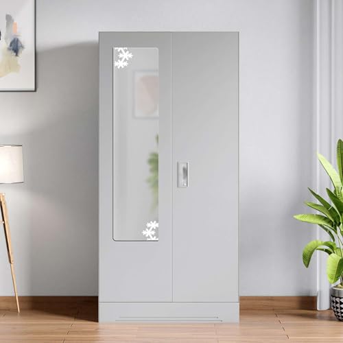 Image of Interio by Godrej Almirah Slimline 2-Door Steel Almirah, Cupboard for Clothes (Royal Ivory), 1-Year Warranty, 4 Shelves, 1 Drawer, 1 Locker, Star Design Mirror