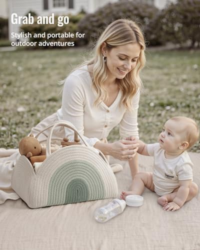 Image of Blissful Diary Baby Diaper Caddy Organizer, Cotton Rope Diaper Caddy Basket, Large Storage Basket for Newborn Boys and Girls, Gift for Baby Shower List, Newborn Essentials, Mint Rainbow