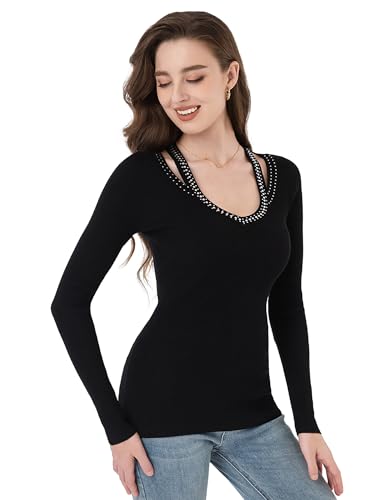 AmélieBoutik Women Rhinestone V Neck Solid Sweater Ribbed Knit Casual Blouse Tops3