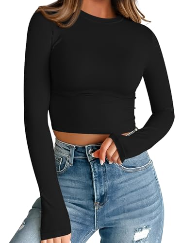 Trendy Queen Womens Long Sleeve Crop Tops Basic Slim Fitted Shirts Casual Fashion 2025 Going Out Y2k Tops Teen Girl Clothes Black S