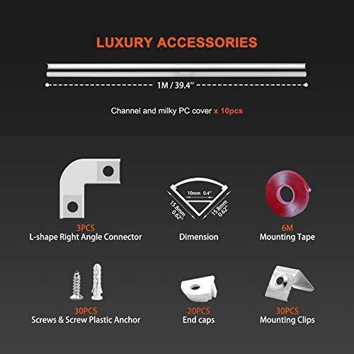 HOMMAND LED Aluminium Channel, 10Pack 1M/3.3ft, fit<10mm, LED Strip Channel with Diffuser, LED Strip Cover with End Caps, Mounting Clips and Adhesive, LED Aluminium Profile (V Shape)(U Shape Inside)
