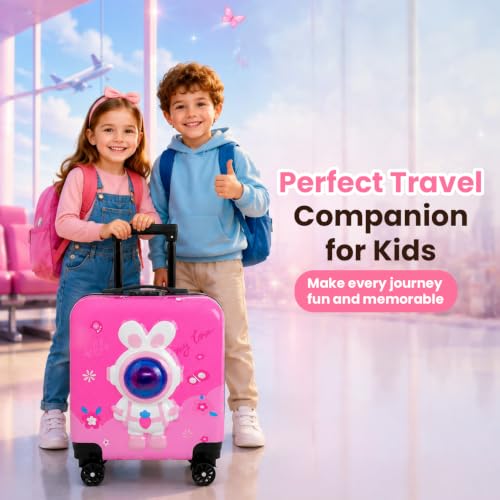Image of Storite 18In Kids Luggage Trolley Hard Shell Cabin Suitcase | Cartoon Rabbit Astronaut Design Suitcase Ideal For School Trips Vacations Holidays And Weekend Travel(Pink-35 x 23 x 38 Cm)