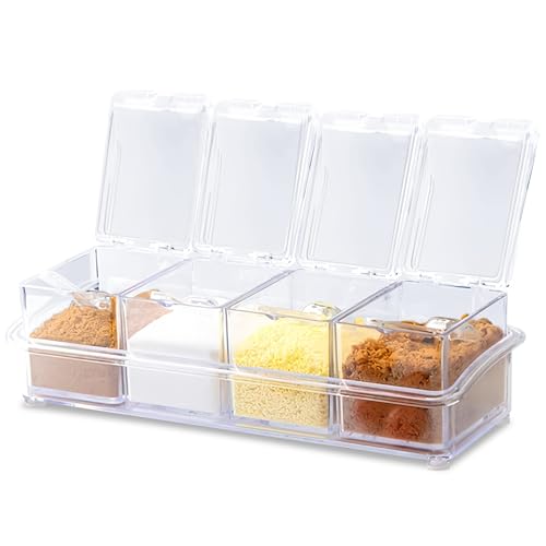 GOEDCH Juego de 4 Caja de Condimento: 2 Juegos con Cajas de Especias 4 en 1, Frascos de Especias Cuadrados con Cucharas, Botes de Especias de Plástico Transparente para Sal Pimienta, Cocina Contenedor