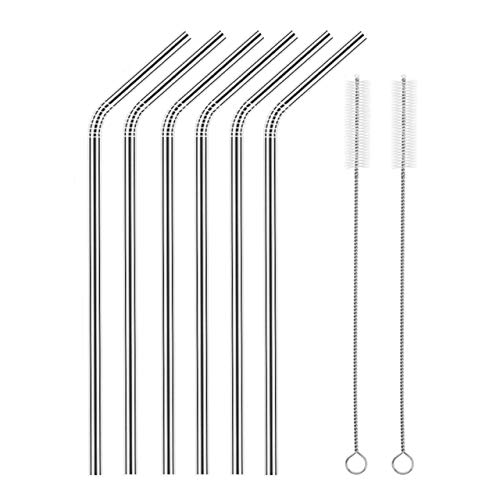 Image of Expresso New Set of 6 Reusable Stainless Steel Drinking Straws 10.5'' (6 Bent & 2 Cleaning Brushes) - BPA Free Metal, Thick, Long, Dishwasher Safe - for Smoothies, Tumblers, Travel & More