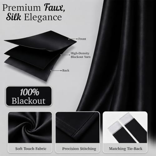 Image of 100% Blackout Window Curtains, 5 Feet, Solid Design, Faux Silk, Thermal Insulated, Noise Reducing Eyelet Door Curtain with Tie Back for Living Room & Bedroom, 115x150cm, Pack of 1 - Black