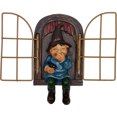 NIWWIN Gnomo Jardín Resina-Gnomo Sentado, Gorro Puntiagudo, Ropa Colorida, con pájaro – en Estructura Ventana Madera, jardín y terraza, decoración Bosque