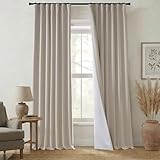 Oatmeal Linen Pleated Blackout Curtains 96 Inch Long 2 Panel Set with Hooks for Track System, Farmhouse Style 8FT Black Out Curtain Drapes for Bedroom Living Room