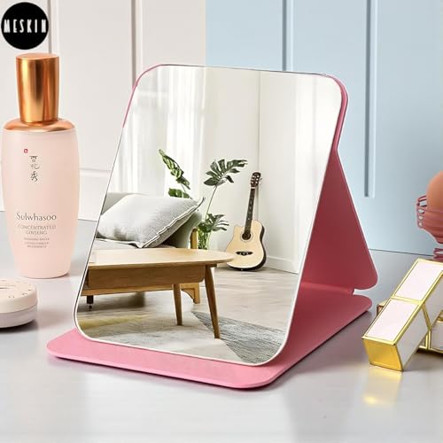 Image of MESKIN Portable Tablet Style Makeup Mirror with Foldable Stand | Compact Folding Free Hand Standing Mirror | Travel Friendly Vanity Mirror with PU Flap Cover (Pack of 1, Pink)