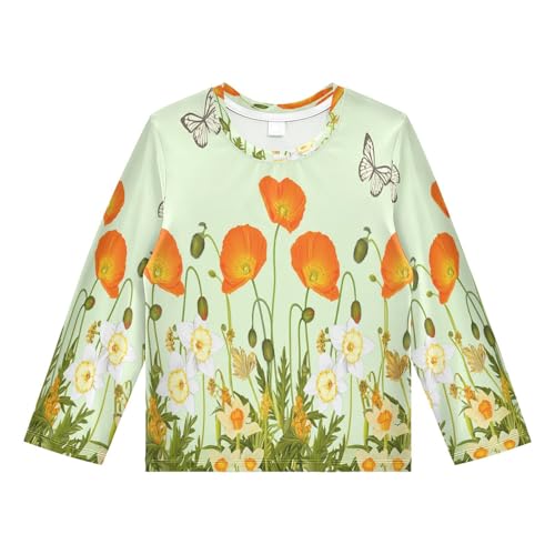 DOMIKING Poppy Daffodils Butterfly Green Boys Long Sleeve Rashguard Shirt Kids Quick Dry Swim Shirt for Beach Pool Sport 9-10T