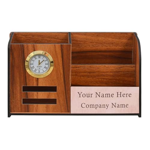 Image of Deskart Multipuropse Pen Holder Stand for Office Desk and Study Table | Multipurpose Stylish Stationary Organizer (Elite (With Clock), With Name Printing, Pen Holder)