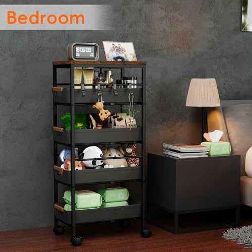 Landmok 5-Tier Kitchen Storage Cart, Wood Top Rolling Cart Organizer with Pull-Out Baskets & Wheels, Metal Snack Carts with Holder for Fruit, Vegetable, Microwave, Kitchen, Pantry, Black by Landmok - Image 7