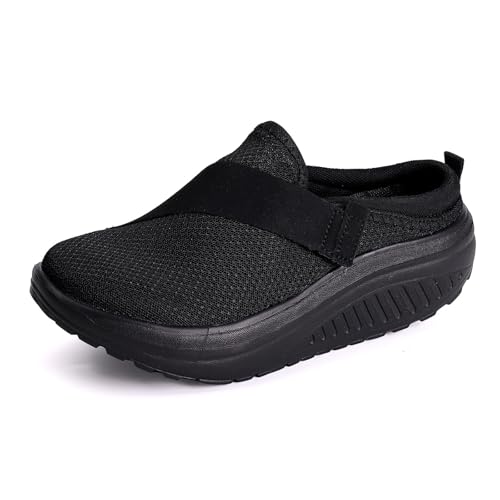Women's Knitted Platform Mules with Arch-Support Breathable Slip On Orthopedic Diabetics Backless Sneakers Comfortable Non-Slip Walking Shoes