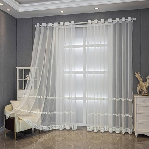 ANAZOZ Cortinas Cocina con Ojales,2 x 86W x 115H CM,Dos Piezas Cortinas Dormitorio Translucidas Flores Bordadas y Estampado de Perlas Cortinas Habitacion Matrimonio Blanco