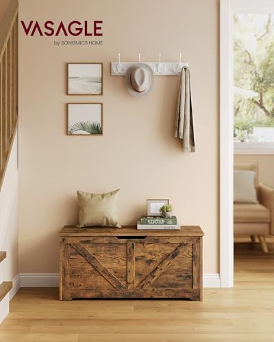 VASAGLE Coffre de Rangement, Banc Chaussures, Meuble Entrée, avec 2 Charnières de Sécurité, Imitation Grange, 40 x 100 x 46 cm, pour Couloir, Chambre, Salon, Marron Rustique LSB060T01 – vue 2