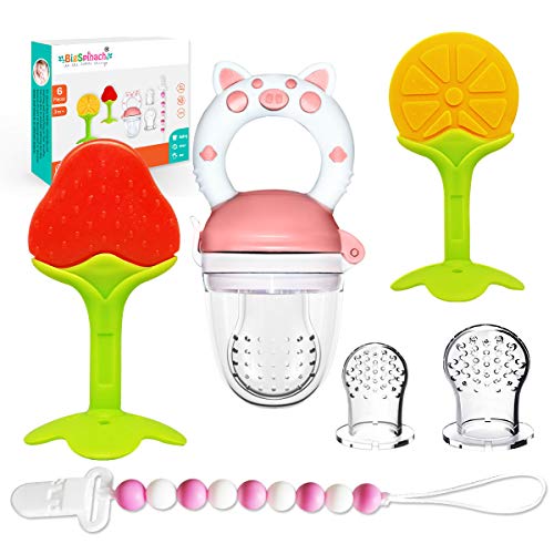 BIGSPINACH Fresh Food Feeder Pacifier, Fruit Shaped Silicone Baby Teether, Sensory Silicone Beads Pacifiers Clip Set 0-3,3-6,6-12,12-24 Months(6-Pack)