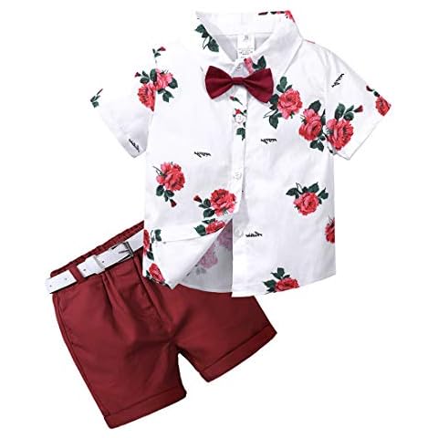Little Boys Floral Shirt Outfits Set 2Pcs Hawaiian Summer Clothes Toddler Kids Short Sleeves Shirt + Shorts, 8# Red, 4-5 Years Cover