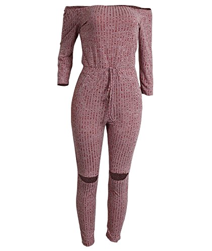 IyMoo Womens Sexy Off Shoulder Long Sleeve High Waisted Long Bodycon Jumpsuits Rompers Burgundy Medium - Thumbnail 2