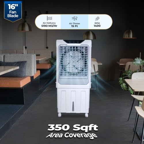 Image of Mighty 16 Desert Air Cooler | 16 Inch Special Bent-Edge Blade, 100L Tank, 5190 m /hr Air Delivery | Covers 350 Sq Ft | Honeycomb Pads, Aluminium Motor, Closed Louvers, Wheels | White & Grey